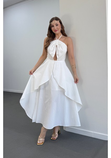 Angel Boyundan Bağlamalı Volanlı Midi Elbise fırsatları