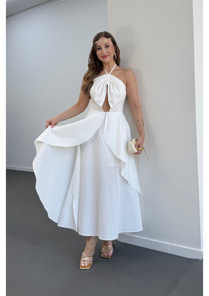 Angel Boyundan Bağlamalı Volanlı Midi Elbise indirimleri