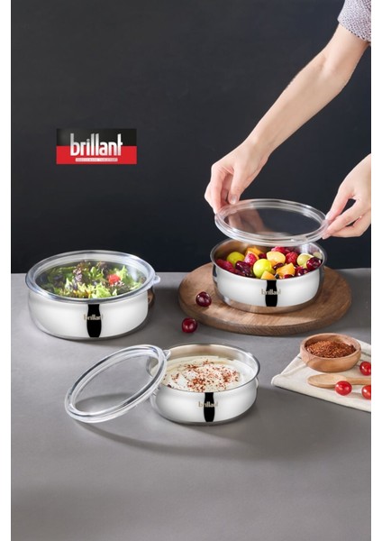 6 Parça Çelik Saklama Kabı Seti 16-18-20 cm Şeffaf Kapaklı Mutfak Gereçleri