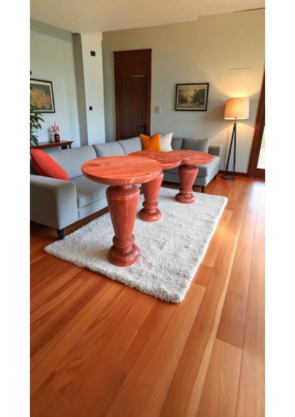 Modern Mantar Tasarımlı 3’lü Ahşap Sehpa Seti – Maun Renk Yan Sehpa