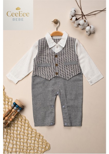 Erkek Bebek Gömlek Yelek Tüy Biyeli Tulum Takım