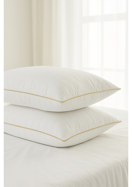 2 Adet Gold Detaylı Gold Rengi Biyeli Nanojel Yastık 1100 Gram 50X70 Cm, Lüks Otel Yastığı