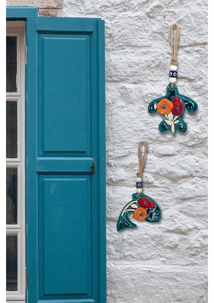 Mavi Çiçek Motifli 2 Parça Seramik Bohem Duvar Dekorasyonu, Ev ve Bahçe Süsü