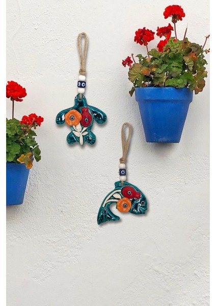 Mavi Çiçek Motifli 2 Parça Seramik Bohem Duvar Dekorasyonu, Ev ve Bahçe Süsü fiyatları