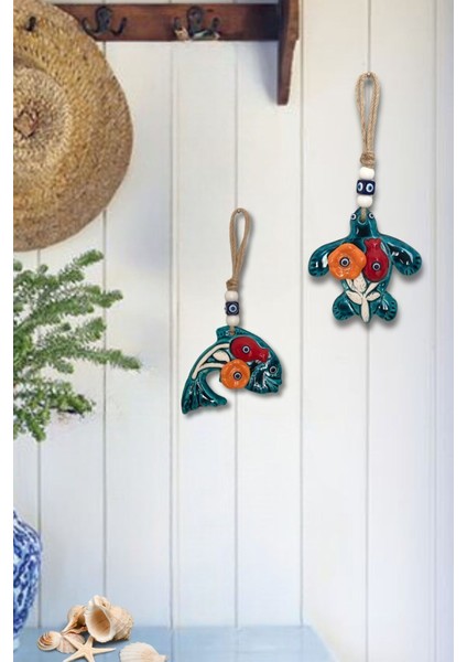 Mavi Çiçek Motifli 2 Parça Seramik Bohem Duvar Dekorasyonu, Ev ve Bahçe Süsü modelleri