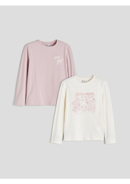 Bisiklet Yaka Baskılı Kız Çocuk Tişört 2'li (W5)