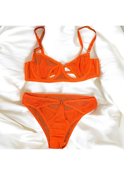 Turuncu Renk Brode Tül Halka Model Külotlu Sütyen Takım- Iç Çamaşırı Takımı