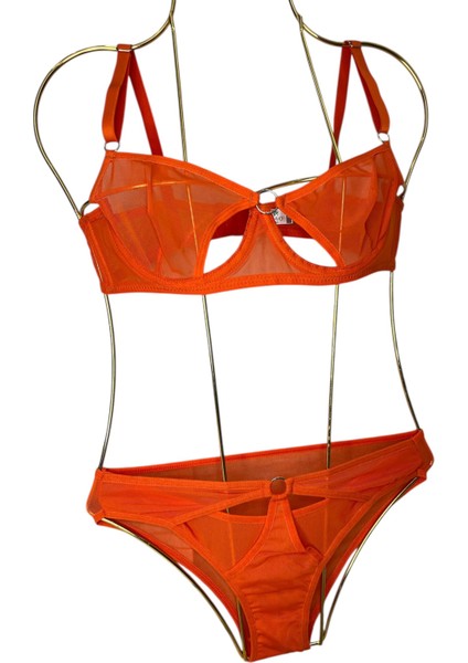 Turuncu Renk Brode Tül Halka Model Külotlu Sütyen Takım- Iç Çamaşırı Takımı