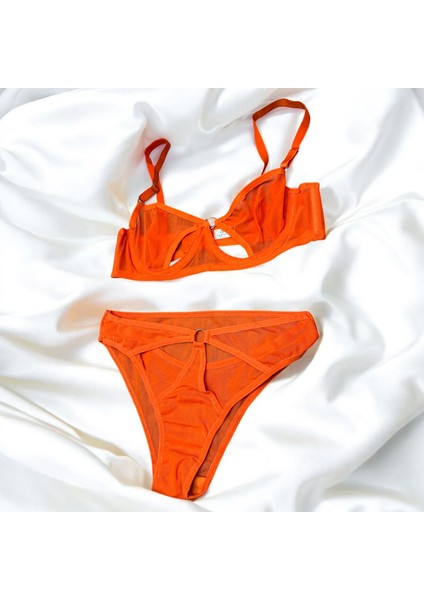Turuncu Renk Brode Tül Halka Model Külotlu Sütyen Takım- Iç Çamaşırı Takımı