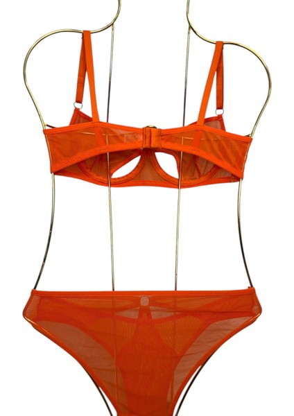 Turuncu Renk Brode Tül Halka Model Külotlu Sütyen Takım- Iç Çamaşırı Takımı