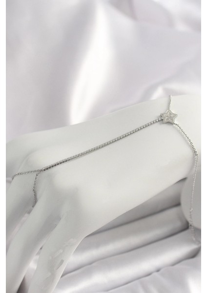 Pirinç Gümüş Renk Su Yolu Zirkon Taşlı Yıldız Model Kadın Şahmeran