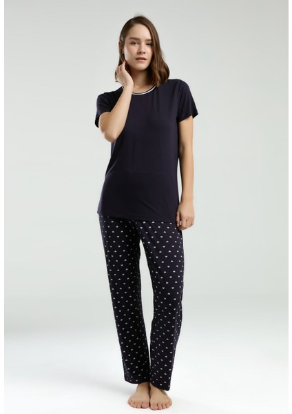 Kadın Lacivert Kısa Kol Pijama Takımı