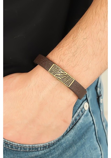 Eskitme Metal Zebra Aksesuarlı Kahverengi Deri Erkek Bileklik