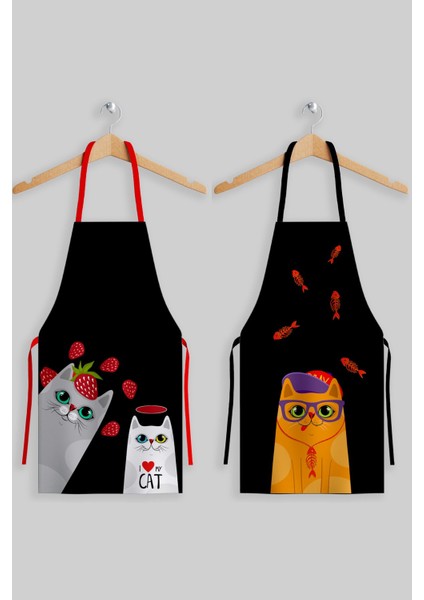 Şık Siyah Mutfak Önlüğü Seti, 2'li, Ays Home I Love Cat Tarzında.