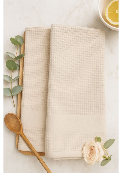 Ekru Mutfak Havlusu 2'li Set, 50X70 Cm, %100 Pamuk, Waffle Dokuma