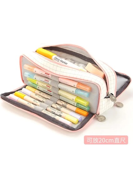 Çift Taraflı Açık Kalem Çantası Düzli Kalem Kasa Kore Okulu Malzemeleri Ofis Kırtasiye Aracı Organizatör Hediye Tutucu Kutu Tuval I: Beyaz Pembe Izgara (Yurt Dışından)