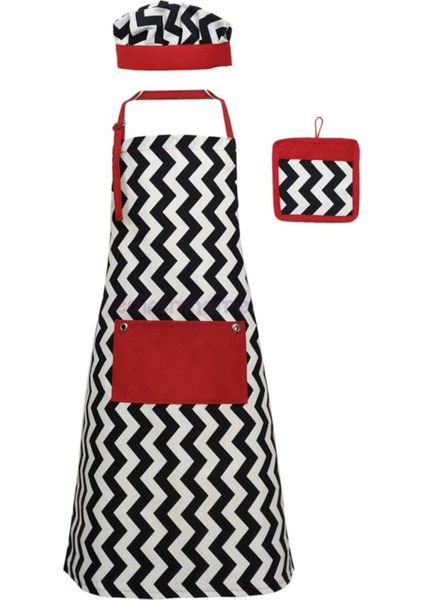 Şık Uzun Mutfak Önlüğü, Leke ve Su Tutmaz Zigzag Desenli Set