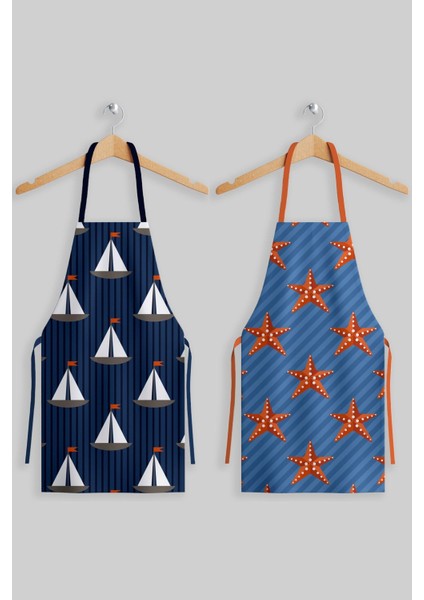 Lacivert Deniz Yıldızı Desenli 2'li Mutfak Önlüğü Seti