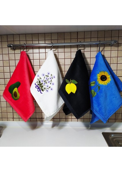 Nakış Işlemeli 4'lü Mutfak Havlu Seti, Avokado, Çiçek, Limon, Ayçiçek Tasarımlı