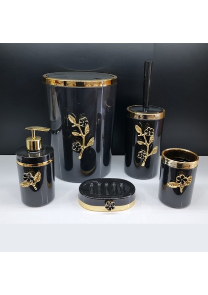 5 Parça Yuvarlak Akrilik Banyo Seti Siyah Gold Papatya Desen