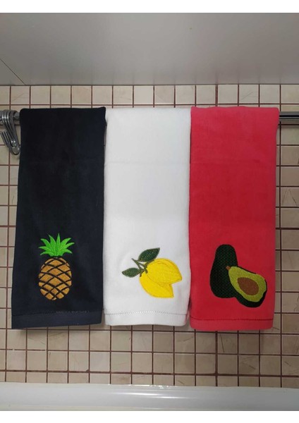 Renkli Limon, Avokado, Ananas Nakışlı 3'lü Mutfak Havlu Seti