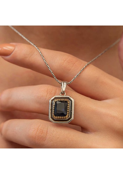 Gümüş Lacivert Taşlı Dikdörtgen Kadın Kolye modelleri