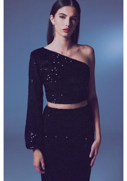 Payetli Tek Kol/tek Omuz Açık Crop Bluz
