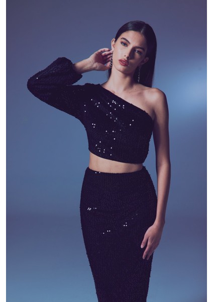 Payetli Tek Kol/tek Omuz Açık Crop Bluz indirimleri