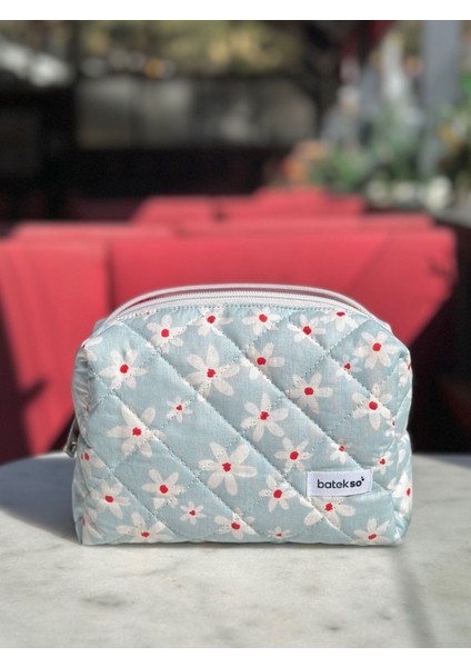 Kırmızı Mavi Papatya Desenli Makyaj Çantası - Büyük Boy