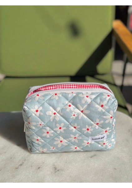 Kırmızı Mavi Papatya Desenli Makyaj Çantası - Büyük Boy indirimleri