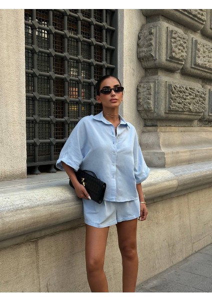 Keten Kumaş Kadın Gömlek Şort Takım