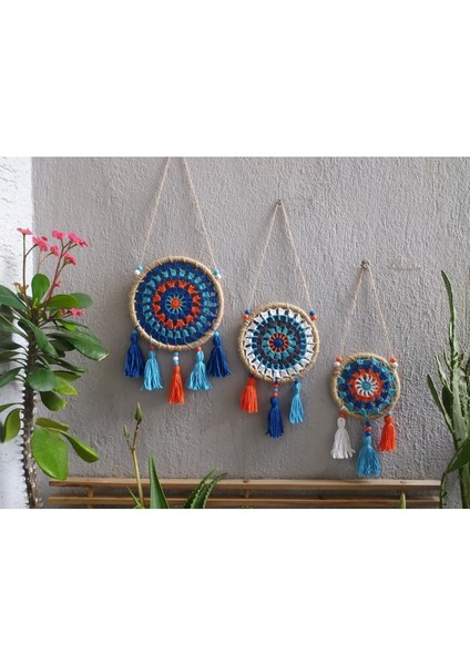 El Emeği Makrome Duvar Süsü 3'lü Mavi Balkon ve Bahçe Dekoru Seti