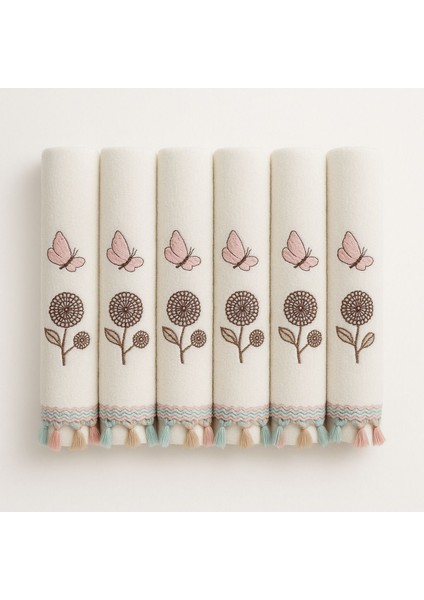 6’lı 30X50 Kelebek Nakışlı Pamuk Mutfak Havlusu Seti, Desenli, Su Emici, Yumuşak, Şık