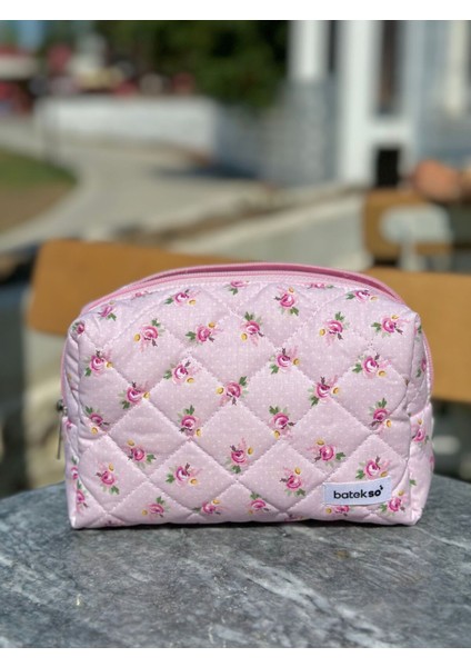 Toz Pembe Gül Desenli Makyaj Çantası - Büyük Boy