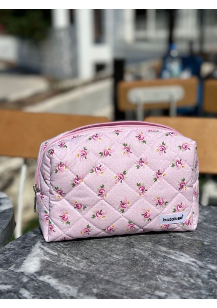 Toz Pembe Gül Desenli Makyaj Çantası - Büyük Boy fırsatları