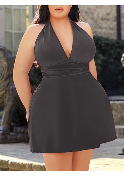 Büyük Beden Antrasit Boyundan Bağlamalı Mini Gecelik