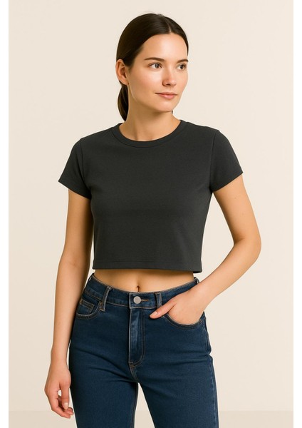Bisiklet Yaka Ribana Kumaş Crop T-Shırt