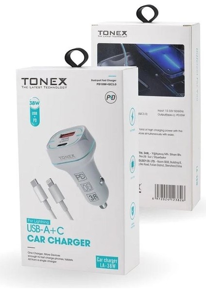 38W 2 Girişli Type-C To Lightning Kablolu Araç Şarjı Işıklı LA-38W