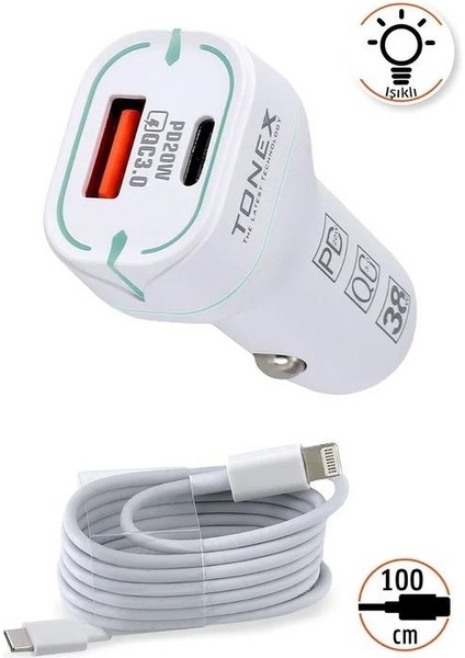 38W 2 Girişli Type-C To Lightning Kablolu Araç Şarjı Işıklı LA-38W fiyatları