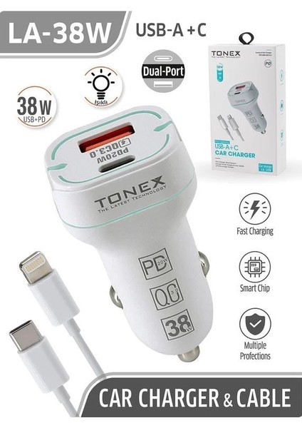 38W 2 Girişli Type-C To Lightning Kablolu Araç Şarjı Işıklı LA-38W fırsatları