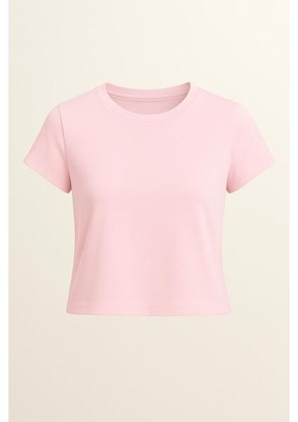 Bisiklet Yaka Ribana Kumaş Crop T-Shırt fiyatları