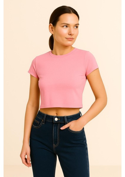 Bisiklet Yaka Ribana Kumaş Crop T-Shırt modelleri