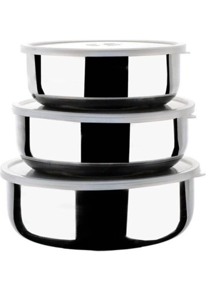 Paslanmaz Çelik 3’lü Saklama Kabı 17-21 Cm, Plastik Kapak, Beyaz