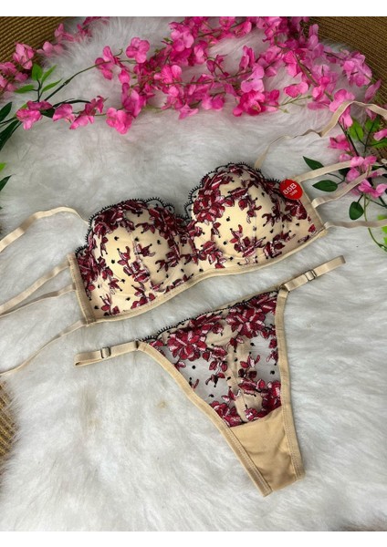 Kadın Çiçek Desenli Brode Işlemeli Balenli Desteksiz Sütyen Tanga Takım