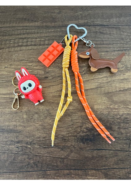 Çanta Charm ve Anahtarlık Seti Çikolatalı Çikolata Köpek Detaylı Çanta Charm ve Labubu Anahtarlık Çanta Süsü