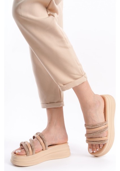 Elıse Düz Topuklu Şeritli Taşlı Kalın ve Ortopedik Taban Kadın Terlik Tt Ten indirimleri