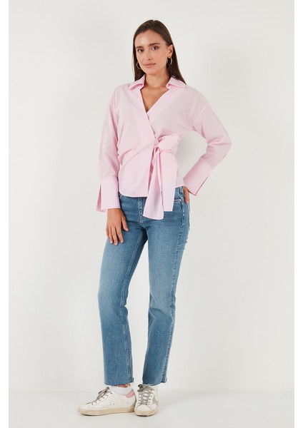 Pamuklu Regular Fit Uzun Kollu Bağlama Detaylı Gömlek Bayan Gömlek 65200538 fiyatları