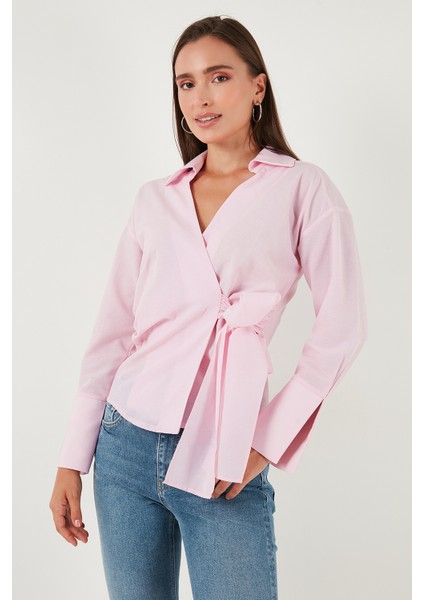 Pamuklu Regular Fit Uzun Kollu Bağlama Detaylı Gömlek Bayan Gömlek 65200538 fırsatları