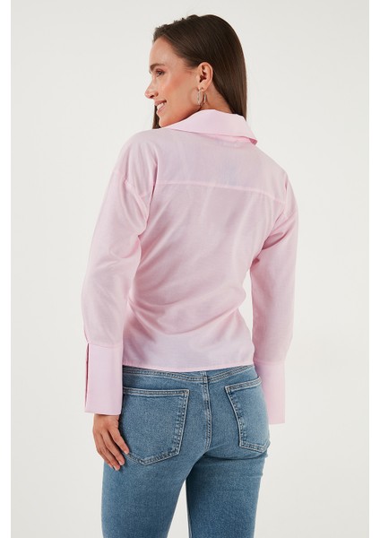 Pamuklu Regular Fit Uzun Kollu Bağlama Detaylı Gömlek Bayan Gömlek 65200538