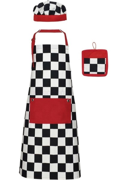 Uzun Mutfak Önlüğü Bone ve Tutaç Seti, Su ve Leke Itici, Siyah Beyaz Kırmızı Dama